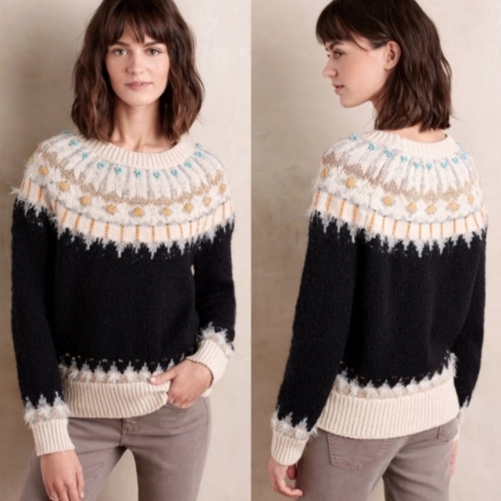 Anthropologie Black and Cream Patterned Women's Sweater